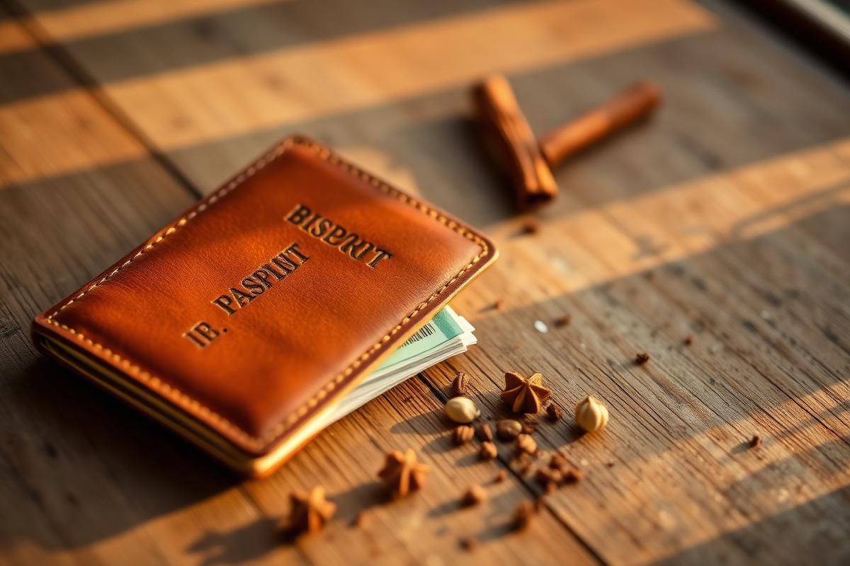 A vintage leather passport holder resting on a wooden table with cinnamon and cardamom