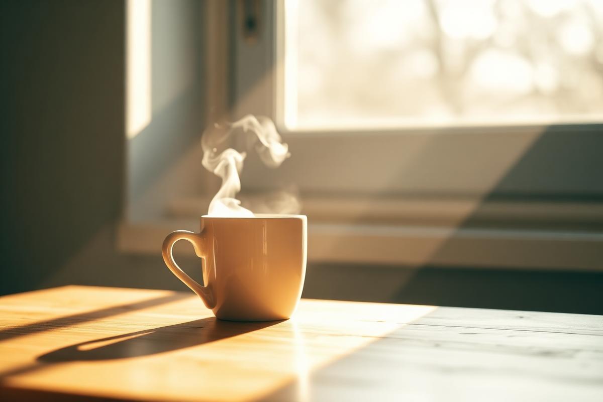 A ceramic mug on a wooden desk in early morning sunlight