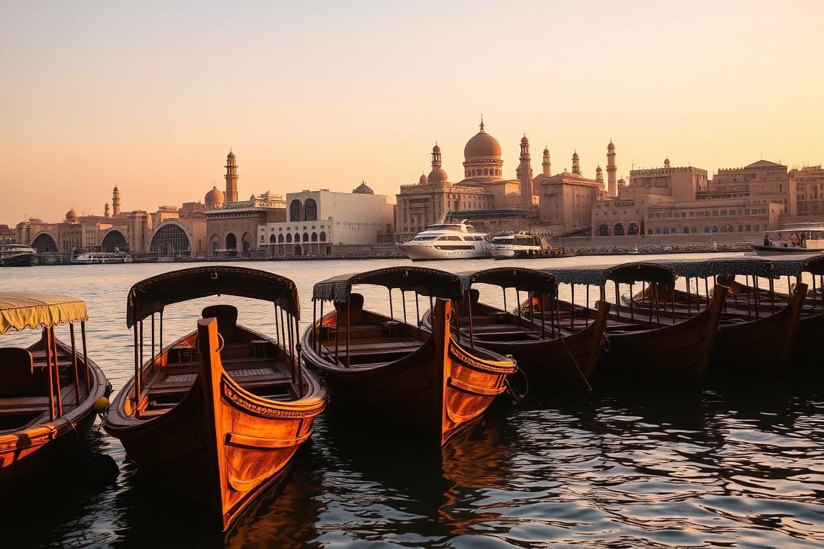 Traditional wooden dhow boats on Dubai Creek at golden hour